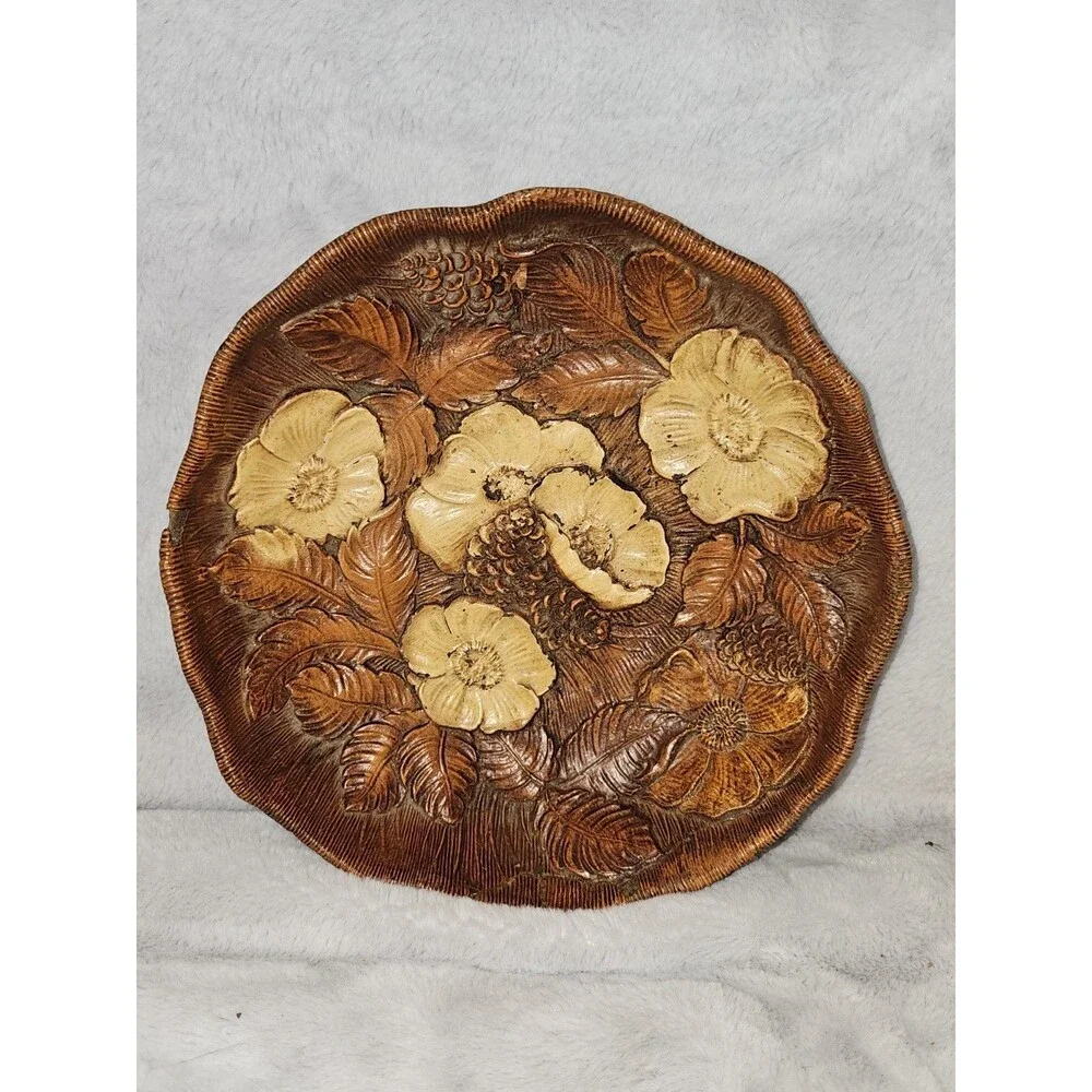 Vintage Hand Carved Wooden Floral Bowl Leaf Flower Design Rustic 9”
